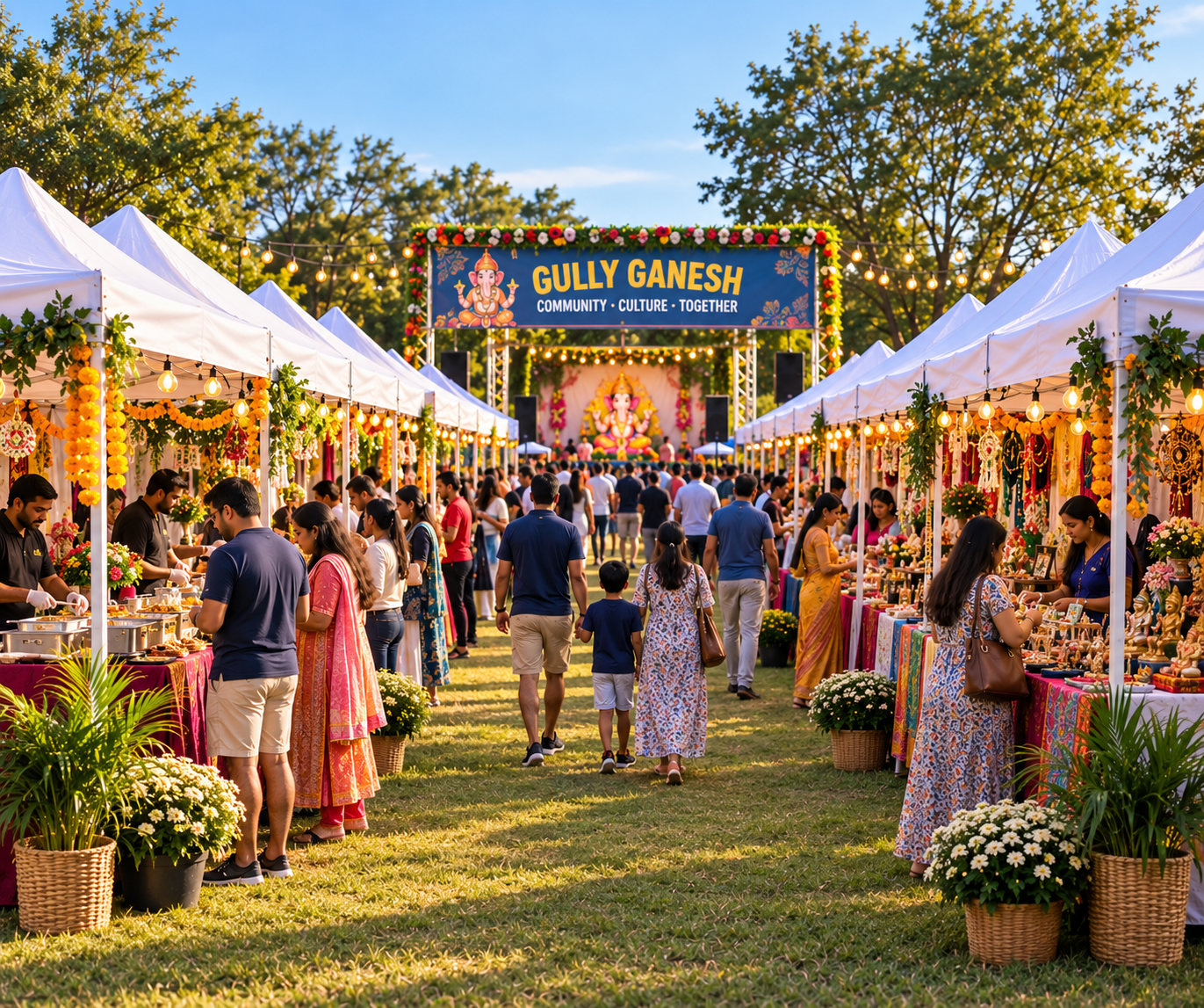 Decorated festival vendor stalls with marigold garlands and brass lanterns