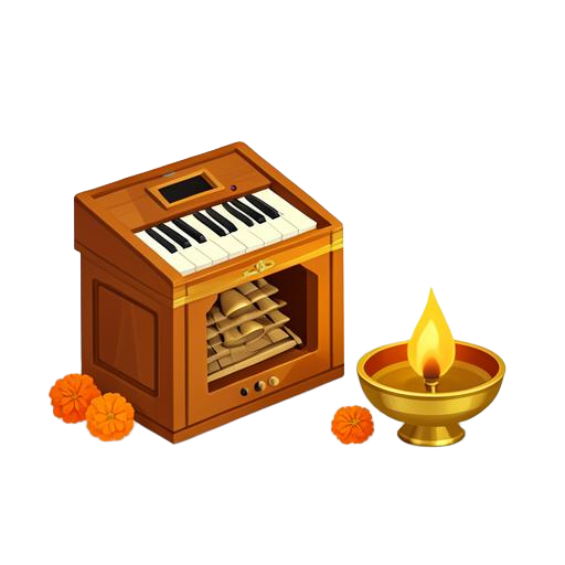 Harmonium and glowing oil lamp for Bhajan