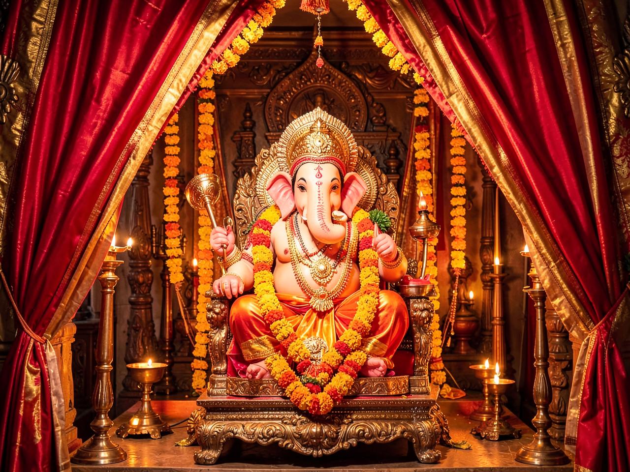 Decorated Ganesha idol with marigold garlands and oil lamps