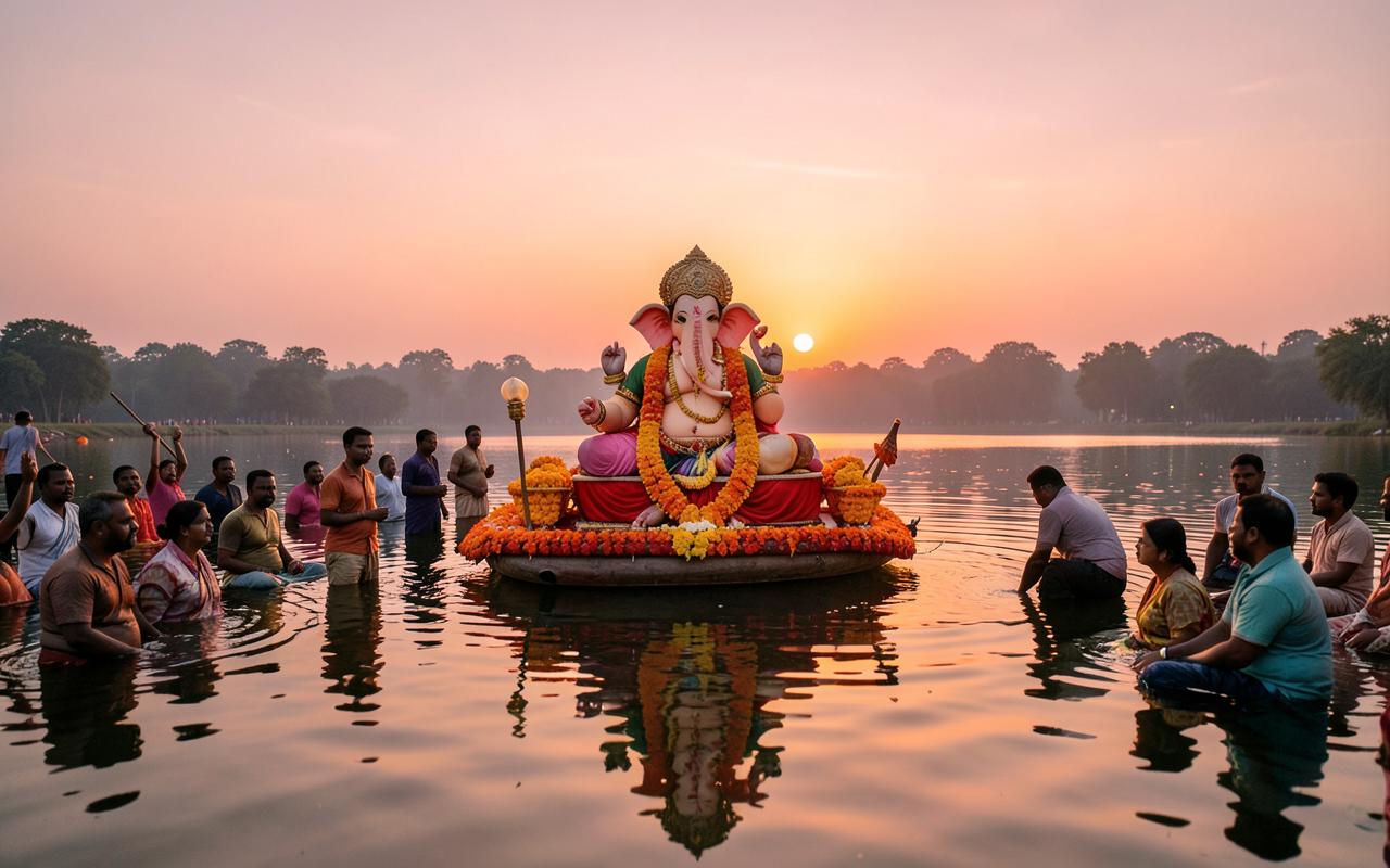 Ganesh Nimarjan procession on the water at sunset